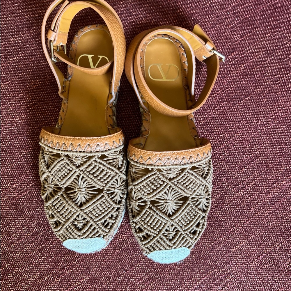 Valentino Garavani Tan Macramé Ankle-Strap Sandals